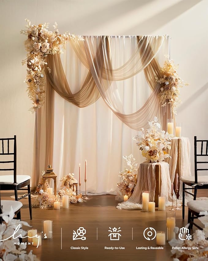 Ling's Moment Wedding Arch Draping Fabric 3 Panels 20Ft Chiffon Fabric,Sheer Draping Fabic for Wedding Arrangement Ceremony Reception Backdrop Party Swag Home Decor (Nude & Walnut Brown)