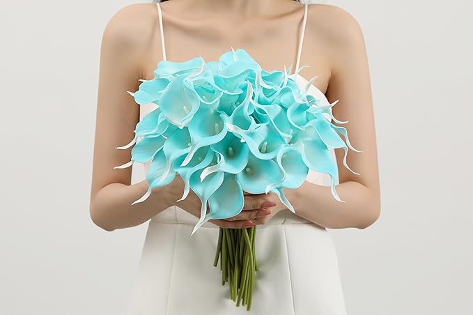 SITUMEIZI 24 PCS Fake Flowers Artificial Calla Lily Silk Flowers Real Touch for Mother's Day Easter Home Kitchen Decor Wedding Bouquet Office Spring Decoration(Peacock Blue)