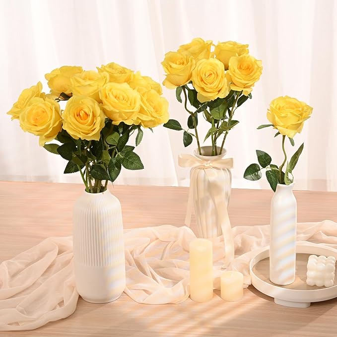 Waipfaru 16 Pcs Mothers Day Fake Roses, Silk Yellow Roses Artificial Flowers with Long Stems for Valentines Day Wedding Bouquet Vase, Cemetery Flowers for Grave (Yellow)