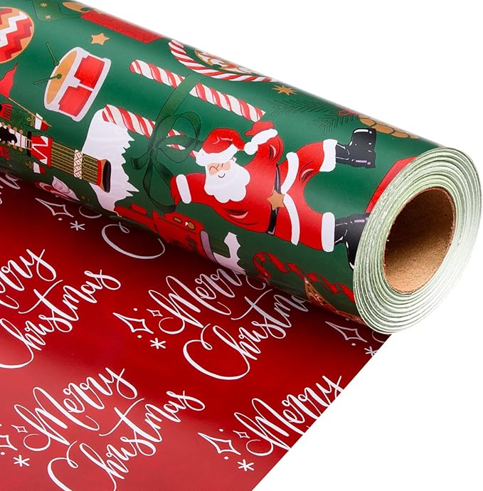 MAYPLUSS Christmas Nutcracker Wrapping Paper Roll - 17 Inch X 33 Feet - Metallic Gift Wrapping Paper Christmas Tree Holly Santa Claus Candy Cane Reversible Snowflakes for Holiday Party New Year Kids