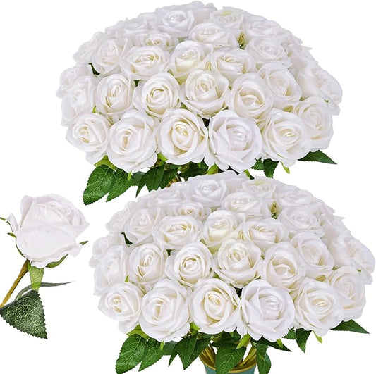 52 PCS White Roses Artificial Flowers, Fake White Roses Bouquet,White Artificial Silk Roses with Stems for Wedding Flowers Decoration, Valentines Day Mothers Day, Bridal Bouquet Roses