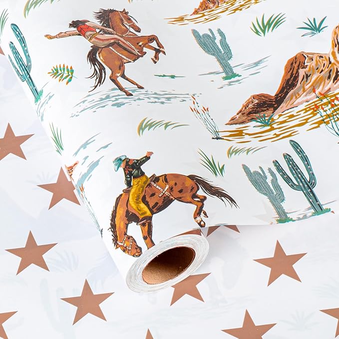 Homeral Reversible Cowboy Wrapping Paper Roll - 17In x 16.5Ft Western Gift Wrap with Rodeo Horse and Star Pattern for Boys Birthday, Fathers Day, Bachelor Party, Christmas, Farm Theme, Holiday
