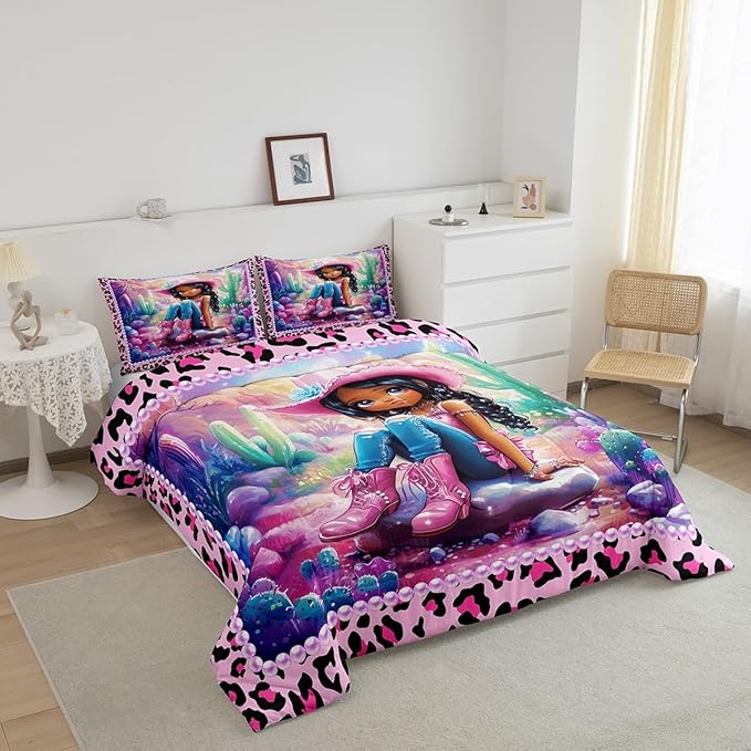 Western Cowgirl Full Size Comforter Set,Reversible Cute Girl Cactus American Style Bedding Comforters Bedroom Collection,African Pink Leopard Print Plaid Black Bedding Set for Girls Teens