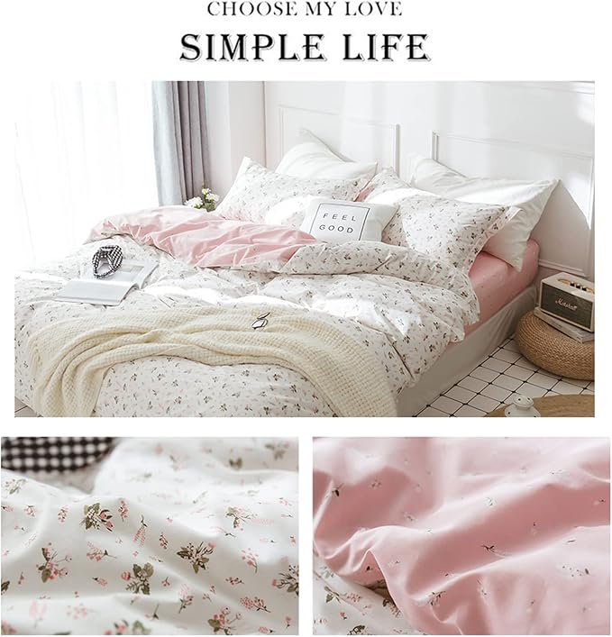HighBuy Floral Duvet Cover Full Size Girl Cotton Pink Floral Coquette Bedding Comforter Covers Full Lightweight Soft for Girls Garden Style Bedding Set with Zipper Closure for Children