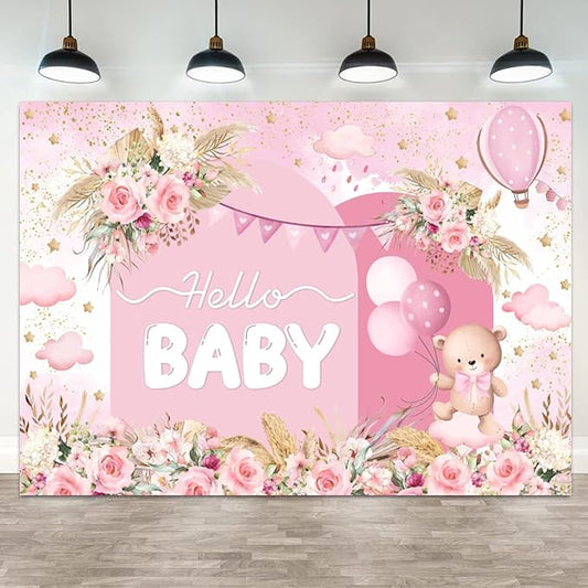 12x8ft Hello Baby Backdrop Pink Gold Boho Floral Bear Baby Shower Photography Background Balloon Stars Clouds Banner Decorations Welcome Newborn Celebration Party Portrait Photo Booth Prop