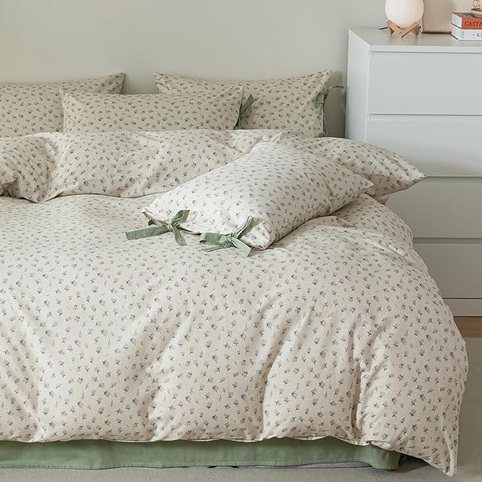 HighBuy Boho Floral Comforter Set King Floral Boho King Comforter Bed Set 3 Piece with 2 Bow Tie Pillowcases Cozy Soft for Girl Cottagecore Coquette Bedding Sets,All Season Fluffy Comforters