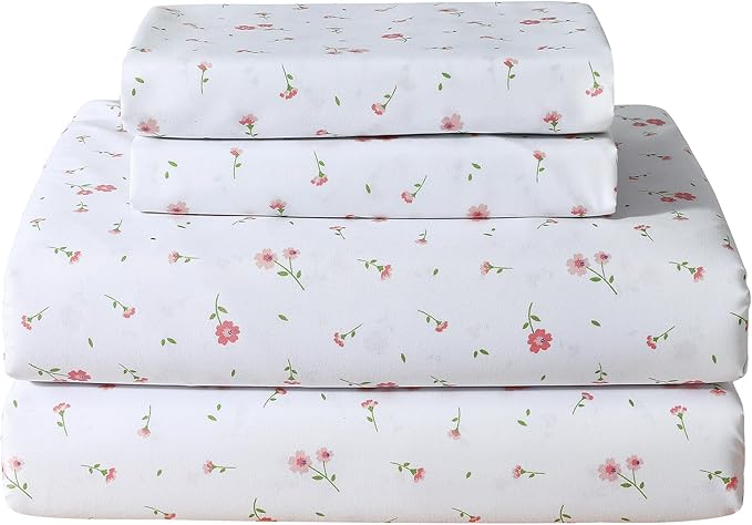 Softan Pink Floral Twin Size Sheet Set, 3 Pieces Single Bed Sheets for Girls, Cozy Microfiber Fitted Sheet with 15" Deep Pockets & Non-Slip Straps, Pink Flower Sheets & Pillowcase Set