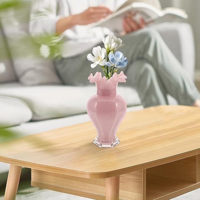 Luxshiny Handblown Glass Vase with Pearlescent Finish Artistic Ripple Mouth Design Sturdy Glass Hydroponic Flower Vase for Home Decoration Living Office Centerpiece Wedding Table Decor in