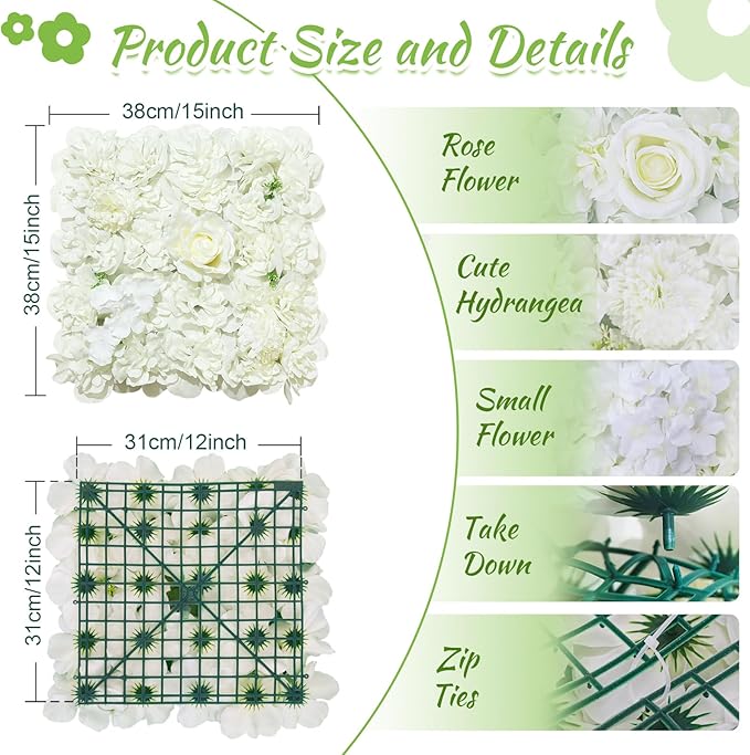White Artificial Flower Wall Backdrop Panels 5ftx3.74ft White Fake Rose Wedding Backdrop 3D Floral Wall for Party Baby Shower Bridal Wedding Background Decor