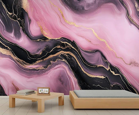 Pink Black Marble Wall Mural, Luxury Fluid Art 3D Wall Murals, Gold Vein Abstract Marble Wallpaper Mural, for Living Room Bedroom Large Wallpaper Indoor Decor 169.3" W x118.2 H