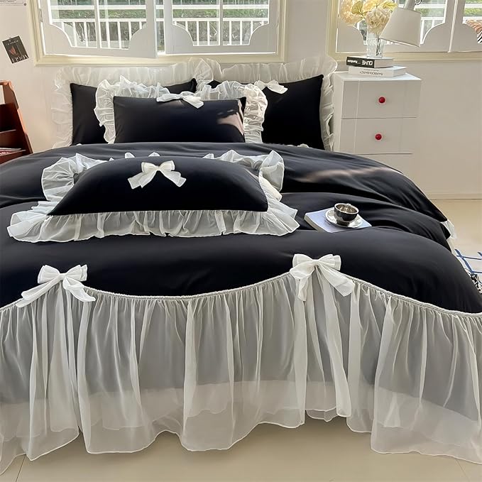 Girls Lace Bedding,Queen Comforter Cover Set, Chic Ruffled Duvet Cover with Lovely Bow,Princess Style 1 Duvet Cover with 2 Pillowcases, No Comforter-Black,Queen Size
