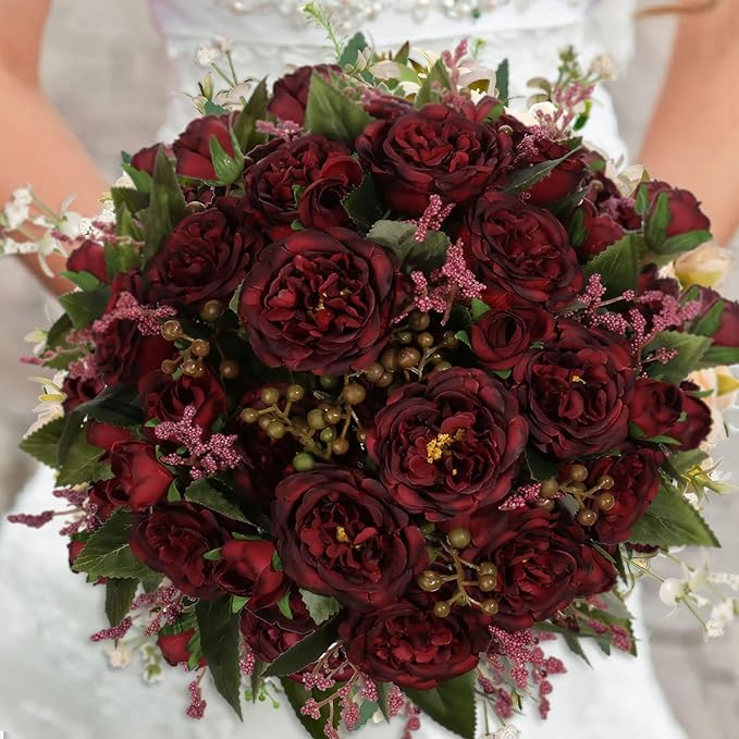 Artificial Peonies Silk Flowers, Burgundy Faux Peony Bouquet 4 Bundles Florals Arrangements for Farmhouse Home Boho Wedding Table Centerpiece, Fake Plastic Flowers Bulk for Vase Decoration (Burgundy)