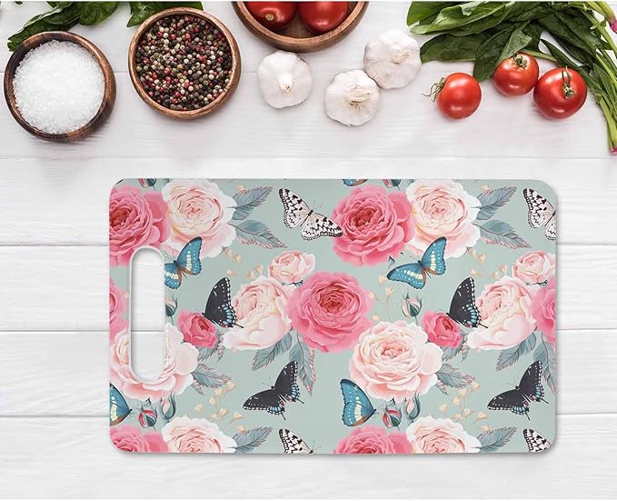 Butterfly Flowers Cutting Boards Peony Pink Roses Black Blue Blue Romantic Cutting Boards Kitchen Chopping Board with Handles Non Slip Plastic 16 x 10 x 0.24 Inch