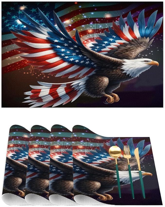 Independence Day Bald Eagles Flag Placemats Set of 4 PVC Vinyl Non Slip Table Mats Waterproof Heat Resistant Place Mats Washable Wipeable Dining Table Mat for Kitchen Party Indoor Outdoor Decorative