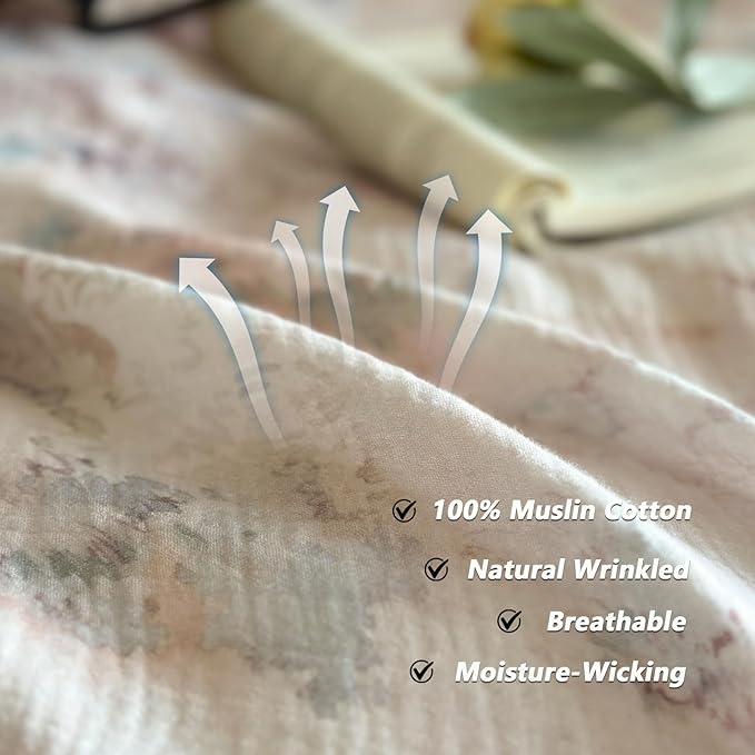 VM VOUGEMARKET Muslin Cotton Duvet Cover Set King Shabby Pink Flower Duvet Cover with Ruffles Soft Linen Like Gauze Comforter Cover with Zip Closure and Corner Ties- 104"x90"