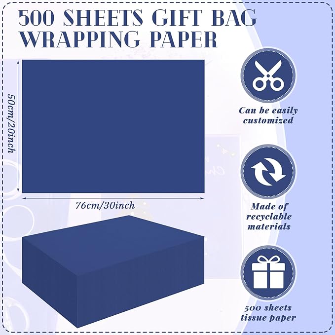 Qilery 500 Sheets Navy Blue Tissue Paper Bulk for Gift Bags 20 x 30 Inch Acid Free Wrapping Packaging Paper Sheets for Winter Hanukkah Christmas Decor DIY Crafts, Birthday Party, Shipping Packing