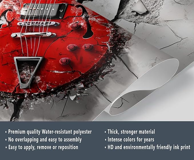 KIREUPA Red Electric Guitar Wall Mural, Grunge Style Guitar 3d Wall Murals, Rock Music 3D Explosion Wallpaper Mural, for Living Room Bedroom Large Wallpaper Indoor Decor 59" W x39.4 H
