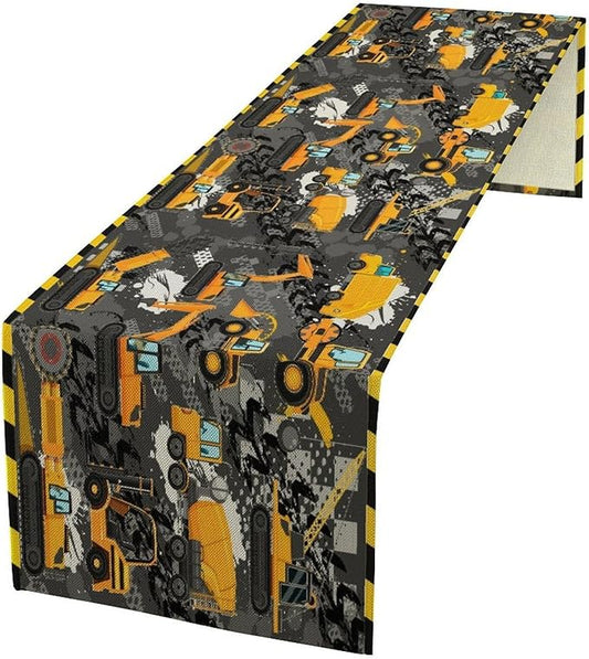 Cartoon Car Table Runner,Boy Kids Construction Yellow Tractor Excavator Tablecloth Burlap for Hotel Indoors Outdoor Dining Room Kitchen Home Decor,W13X L60 in