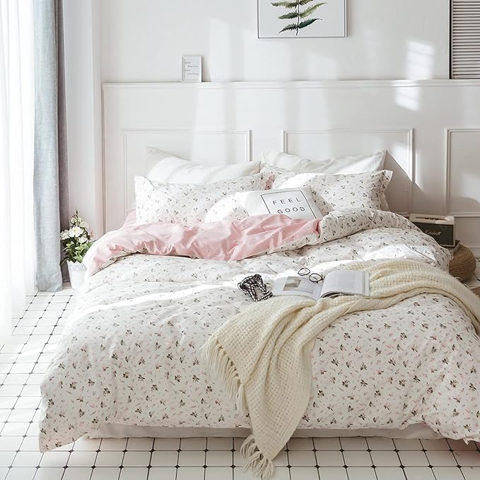 HighBuy Floral Duvet Cover Full Size Girl Cotton Pink Floral Coquette Bedding Comforter Covers Full Lightweight Soft for Girls Garden Style Bedding Set with Zipper Closure for Children