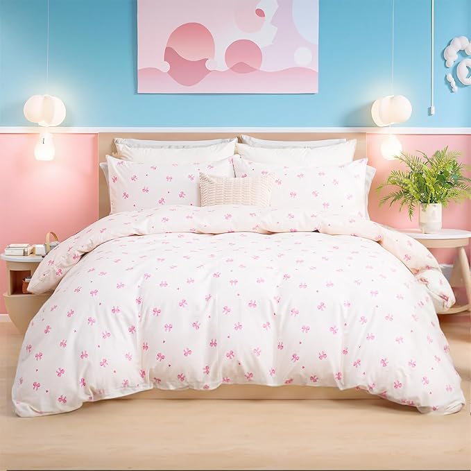 Pink Bow Duvet Cover Set Queen 100% Nature Cotton Duvet Cover 3 Pcs Girls Cute Comforter Cover with Zipper Closure Ultra Soft Breathable Bedding Set for All Seasons