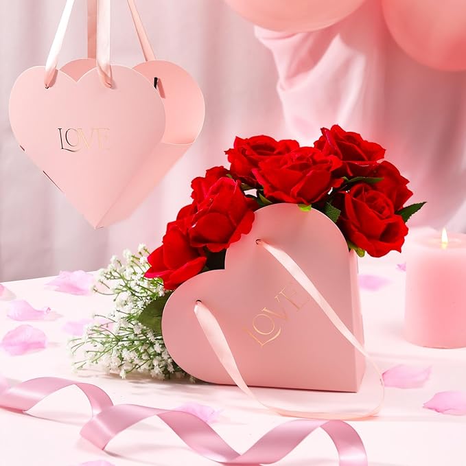 Kolldenn 12 Pcs Heart Shaped Flowers Boxes Christmas Bouquet Storage Bucket Valentine's Day Floral Boxes for Arrangements Paper Floral Bag with Handle Basket Handbag for Florist Bridal Shower(Pink)