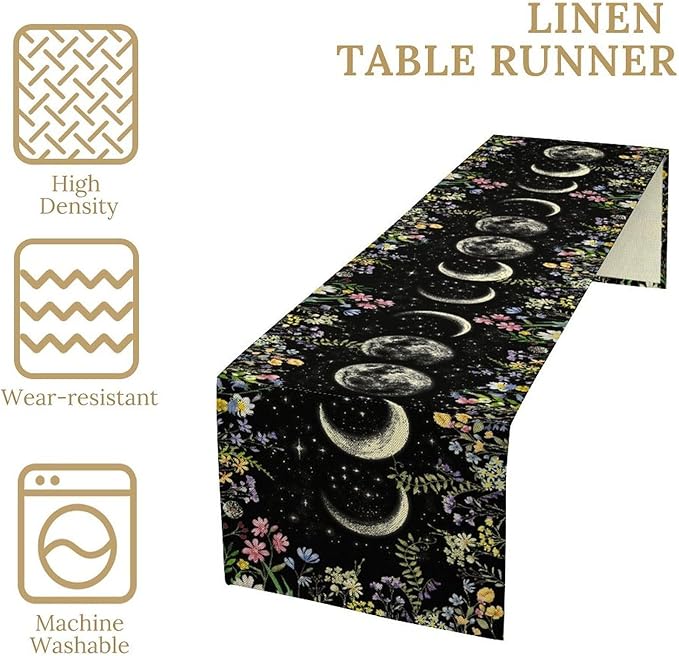 Wild Floral Table Runner, Boho Spring Gothic Moon Phase Wildflower Mystical Witchy Farmhouse Coffee Table Center Decor for Home Kitchen Dining Patio Holiday Party Table Decorations 13x36 inches