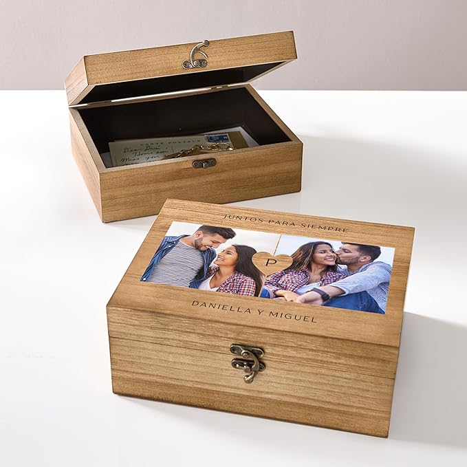 Let's Make Memories Personalized Wooden Keepsake Box With Hinged Lid - Wood Memento Box - Decorative Storage - Home Decor - For Couples, Wedding, Newlyweds - Upload Your Photo - You & Me