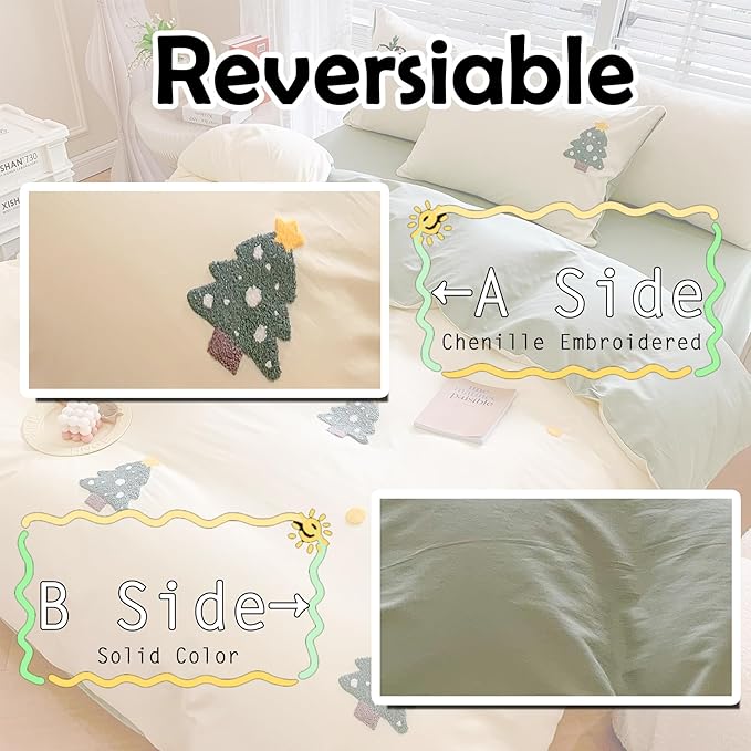 MorroMorn Cotton Duvet Cover Queen Size, Green 3D Embroidery Queen Bedding Sets, Chenille Embroidered Comforter Covers Lightweight Blanket Soft for Girls Boys Kids Teen (Christmas Tree, Full/Queen)