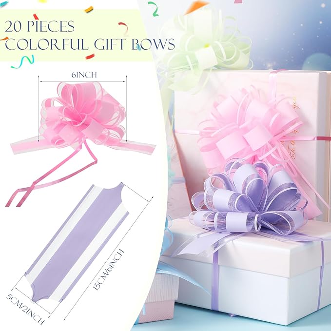 WILLBOND 20 Pieces 6 Inch Pull Bows Gift Wrapping Ribbon Pull Bows for Christmas Wedding Baskets Valentine Multicolor Wrap Accessory for Gift Present Holiday Decor(Bright Colors)