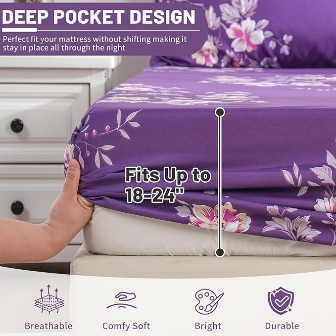 Bedlifes Queen Size Extra Deep Pocket Sheet Sets - Fits Mattresses Up to 18-24" Thick, 4-Piece Microfiber Set with 1800 Thread Count, Soft, Smooth, Breathable, Featuring Dark Purple Floral