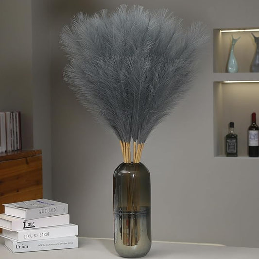 9 Stems Grey Pampas Grass - 38 Inch Tall Faux Pompous Grass Bulk, Large Artificial Pompas Floral for Vase Filler, Wedding Flower Arrangement and Home Decor (Grey)