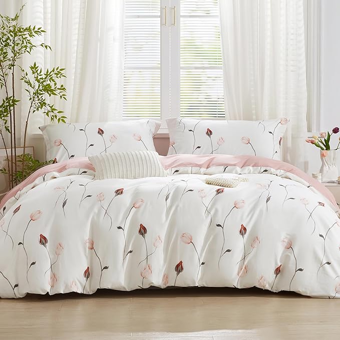 SAPHREAS Floral Duvet Cover Set 3pcs Full Size Pink Red Botanical Rose Bedding Comforter Cover Set 100% Cotton 1 Duvet Cover 90"x80" 2 Pillow Shams, Comforter Not Included
