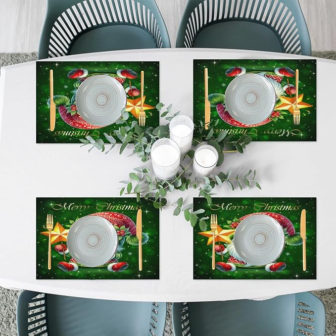 Xmas Christmas Green Santa Claus Placemats Set of 1 PVC Vinyl Non Slip Table Mats Heat Resistant Place Mats Washable Wipeable Dining Table Mat for Kitchen Decor Party Indoor Outdoor Decorative Gift