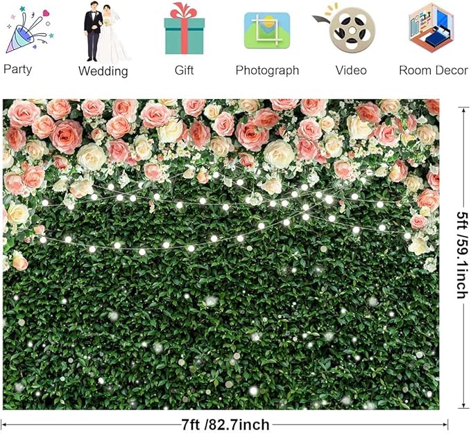 Sensfun Flower Wall Backdrop Spring Pink Rose Blossom Green Leaves Photography Background Floral Grass Birthday Baby Shower Miss to Mrs Wedding Bridal Shower Backdrops Portrait Photo Booth Props 7x5ft