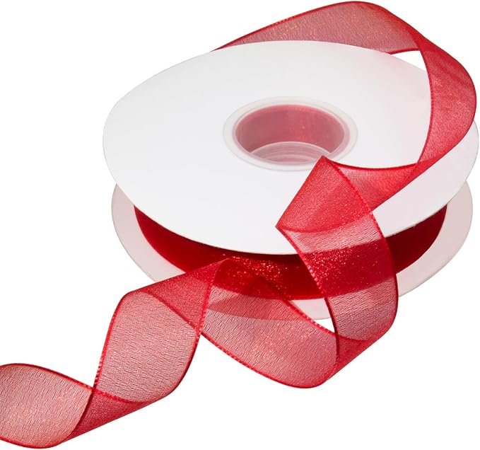 Sheer Organza Ribbon 1 Inch Chiffon Ribbons for Gift Wrapping, Flower Bouquet, 50 Yards/Roll (Red)
