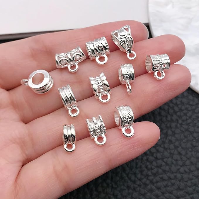 WOCRAFT 60pcs Bright Silver Bails Space Beads Bracelet Charms for Jewelry Making Sets DIY Necklace Bracelet Keychain Crafting Charms Kit Craft Supplies (SN855)