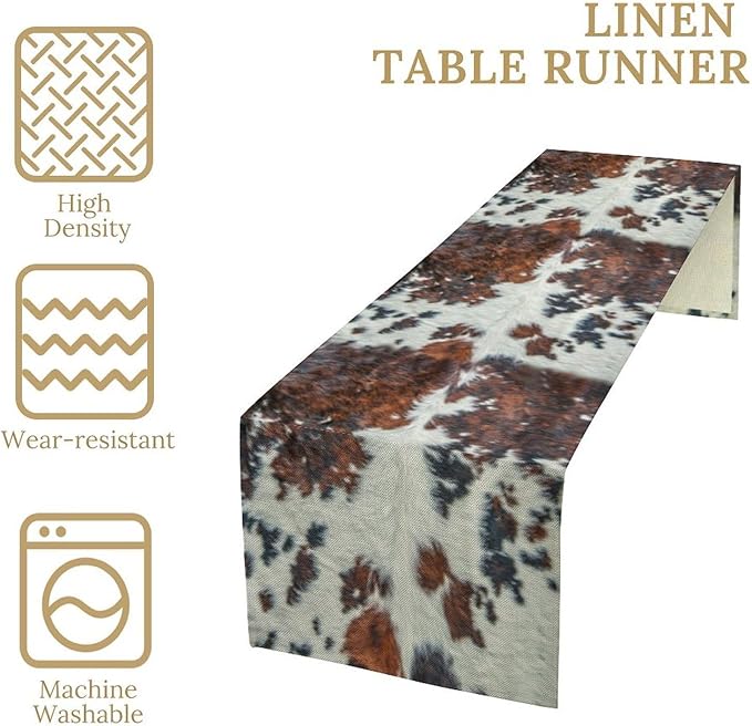 Cow Print Table Runner, Brown Cowhide Print Western Style Table Runner Country Farmhouse Cottage Cow Patten Table Decoration for Home Kitchen Dining, 13x120 in
