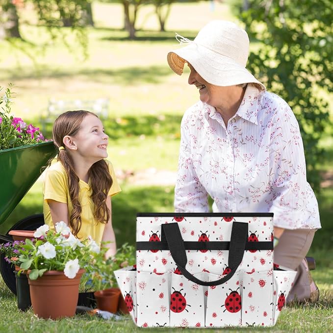 Garden Tool Tote Bag for Women Men Ladybugs Gardening Tool Storage Bags with 10 Pockets Standable Garden Home Tool Kits Organizer for Indoor Outdoor Gardening Gifts