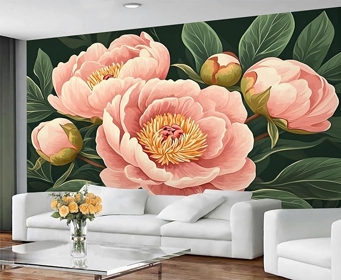KIREUPA Peony Flower Wall Mural, Retro Pink Peony Flower 3d Wall Murals, Romantic Garden Theme Wallpaper Mural, for Living Room Bedroom Large Wallpaper Indoor Decor 177.16" W x120 H