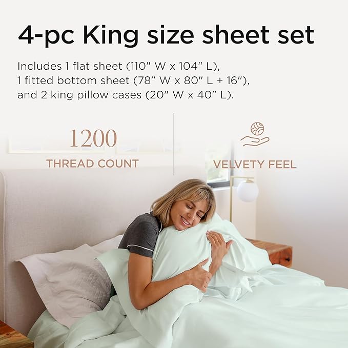 Threadmill Supima King Size Sheets, 1200 Thread Count, 4 Piece American Luxury Bed Sheets for King Mattress, 5 Star Hotel Quality Cotton Sheets with Elasticized Extra Deep Pocket, Seaglass