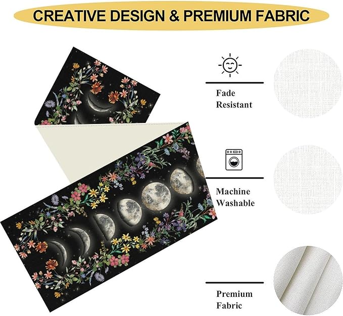 Boho Floral Table Runner, Spring Gothic Moon Phase Wildflower Mystical Witchy Farmhouse Coffee Table Center Decor for Home Kitchen Dining Patio Holiday Party Table Decorations 13x108 inches