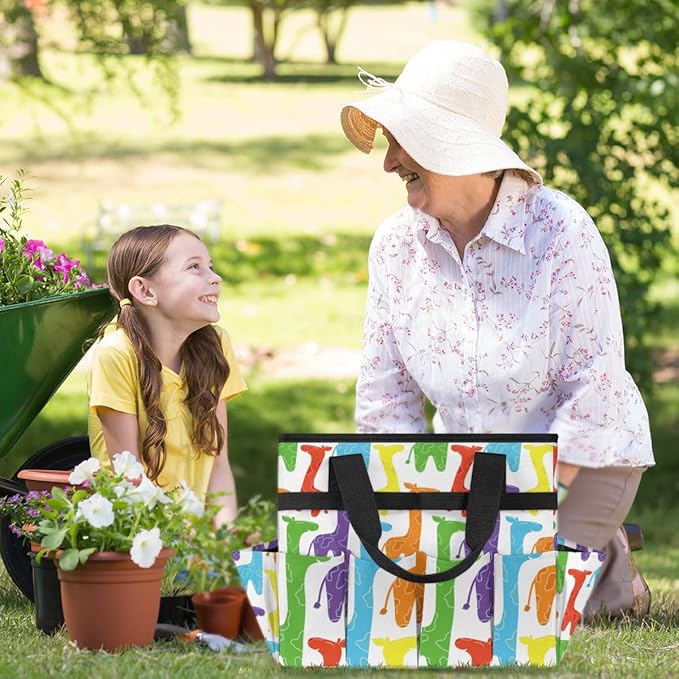 Garden Tool Tote Bag for Women Men Cartoon Colored Horses Gardening Tool Storage Bags with 10 Pockets Standable Garden Home Tool Kits Organizer for Indoor Outdoor Gardening Gifts