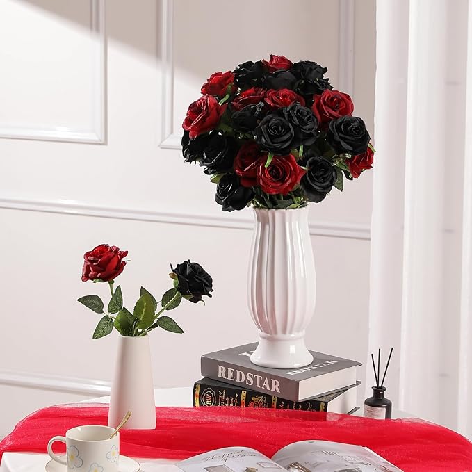 Nubry 24pcs Artificial Silk Roses Bulk,Fake Roses Flower with Stems Realistic Flowers for Wedding Centerpiece Home Party Decor(Black)