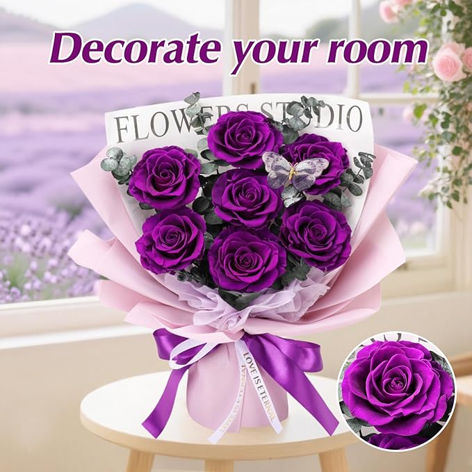 Casaido Preserved Flowers for Delivery, 7 Purple Roses Bouquet, Birthday Gifts for Women, Christmas Rose Gifts for Mom Wife Girlfriend, Forever Real Flowers for Valentines Day Anniversary