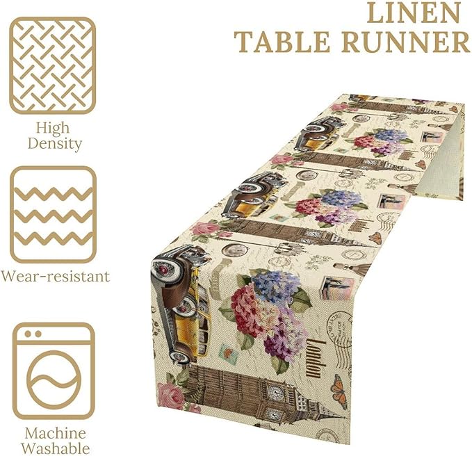 British Table Runner, Seasonal Vintage Floral England London Culture Element Coffee Table Center Decor for Home Kitchen Dining Patio Holiday Party Table Decorations 13x90 inches