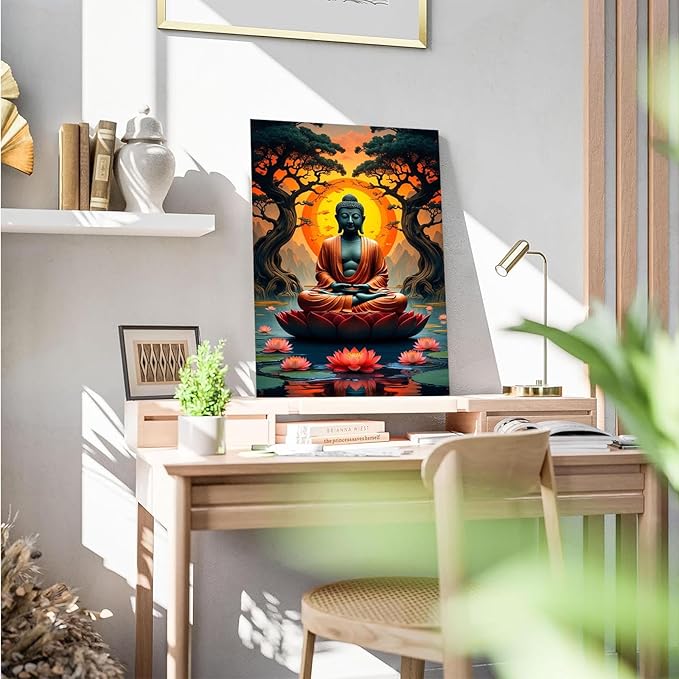 Canvas wall art Golden Buddha on lotus at sunset Ancient trees with reflections on water Serene meditation scene Uplifting wall art for mindfulness and tranquil home decor 16x24in Wood Framed