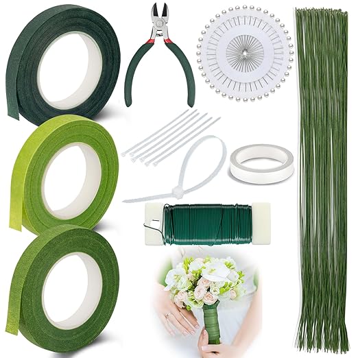 Floral Tape and Floral Wire Boutonniere Kit with Green Floral Tape, 22 Gauge Paddle Wire, 26 Gauge Stem, Wire Cutter for Corsage Boutonniere Supplies