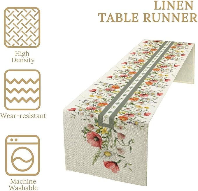Watercolor Floral Table Runner, Red Wildflowers Botanical Nature Farmhouse Design Table Runner for Kitchen Dining Home Party, 13x108 Inch