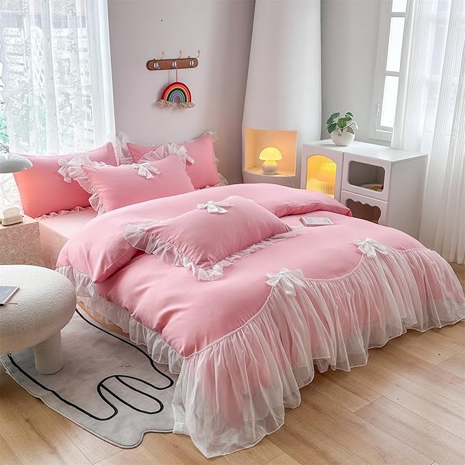 Girls Lace Bedding,Queen Comforter Cover Set, Chic Ruffled Duvet Cover with Lovely Bow,Princess Style 1 Duvet Cover with 2 Pillowcases, No Comforter-Bright Pink,Queen Size