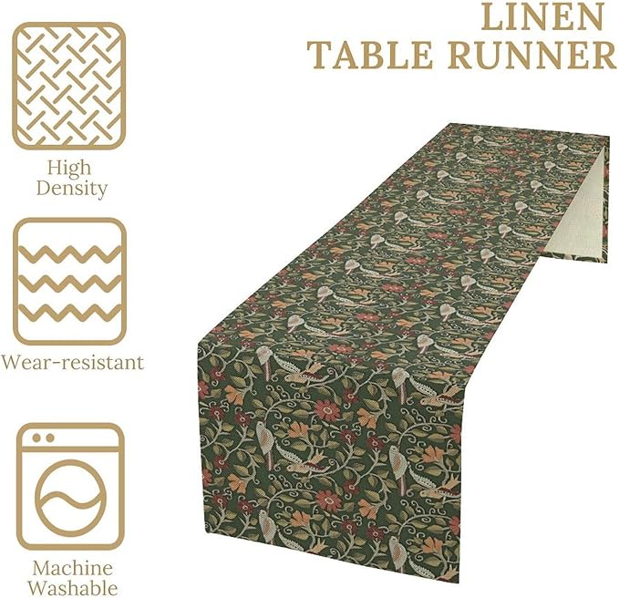 William Morris Table Runner, Vintage Boho Green Botanical Flowers Birds Tabletop Decoration for Kitchen Dining Indoor Outdoor Home Holiday Party, 13x70 Inch